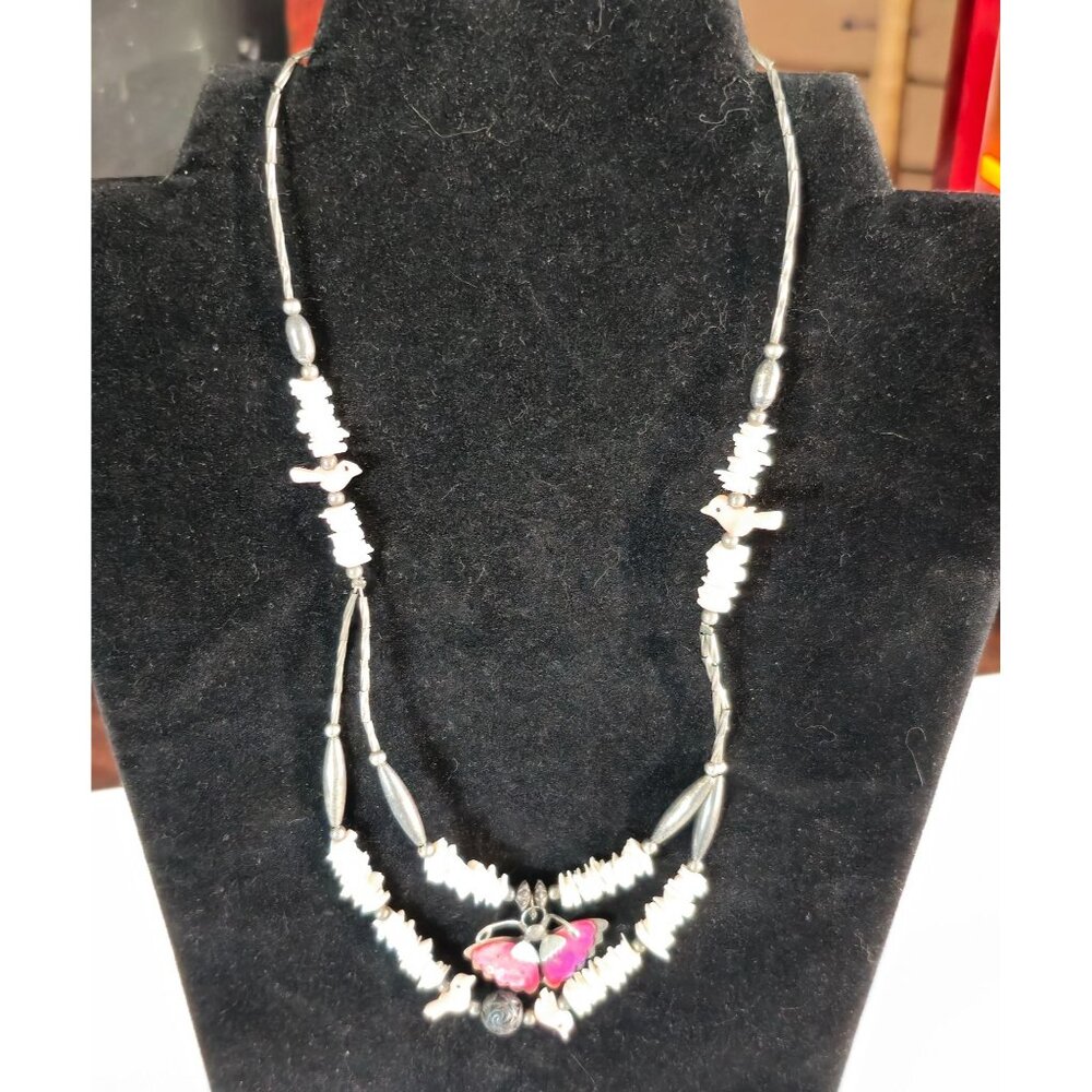 VTG Sterling Silver Double Strand MOP Fetish Bird Butterfly Pendant Necklace 16" - Picture 2 of 11